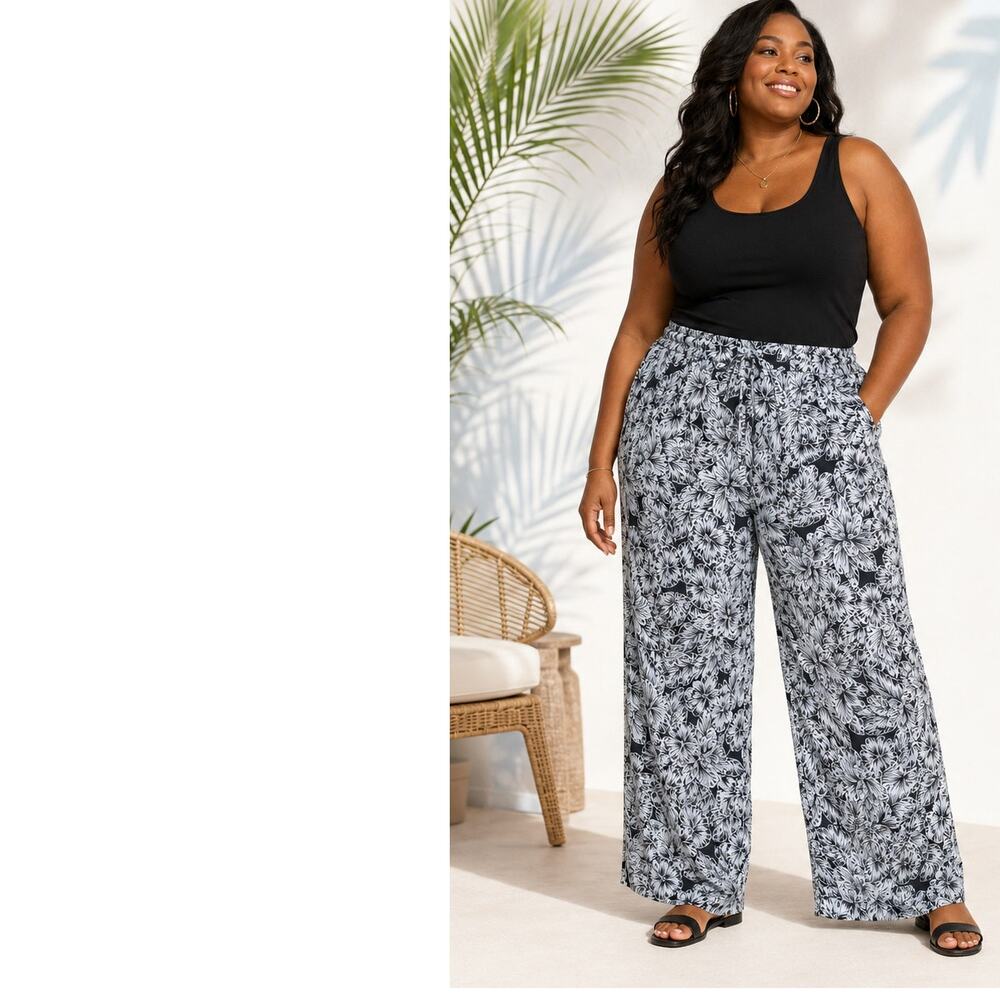 Donna Morgan Pants Women’s 2X Black White Floral Rayon Pull-On Wide Leg